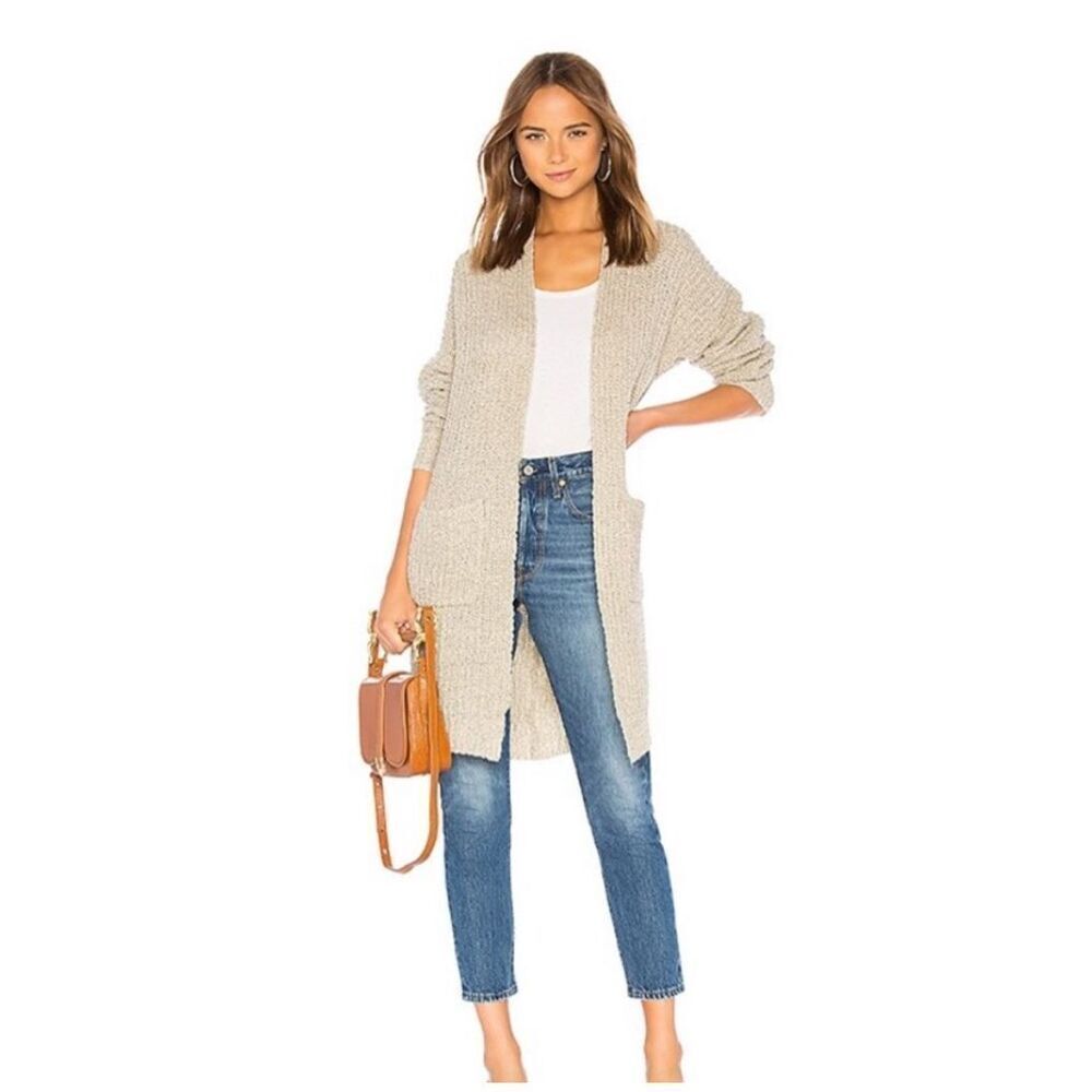 Tularosa Beige/Grey Knit Open Front Cardigan Longline Pockets Boho Sweater Size